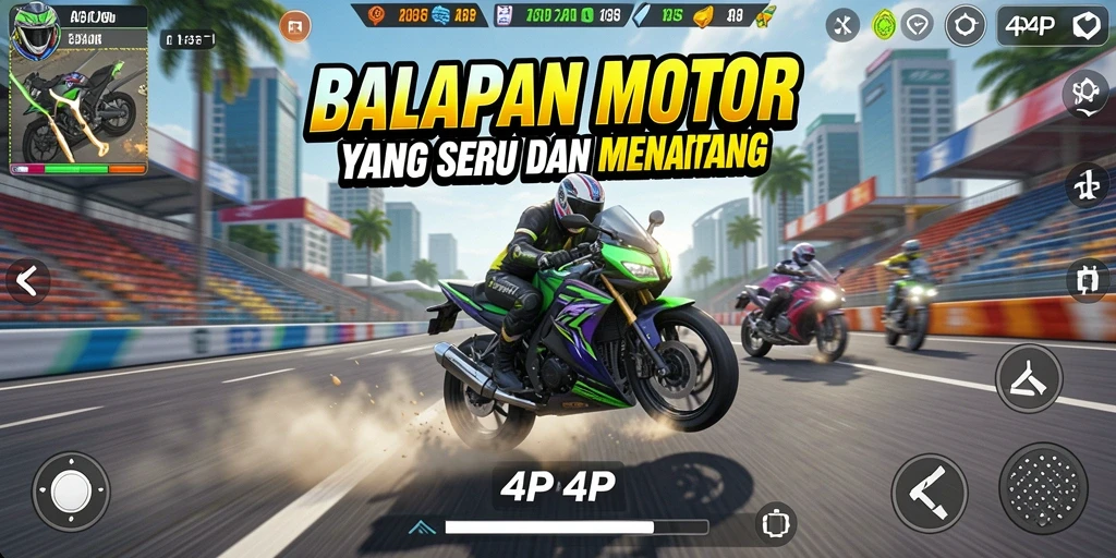 Screenshot menunjukkan balapan motor yang intens dan penuh aksi.