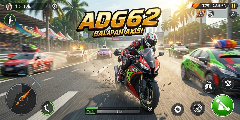 Tampilan gameplay seru di <strong>ADG62</strong> saat balapan motor.