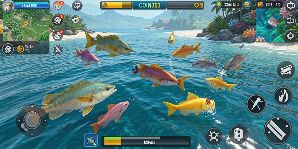 Screenshot gameplay COIN303 menampilkan keseruan menembak ikan.