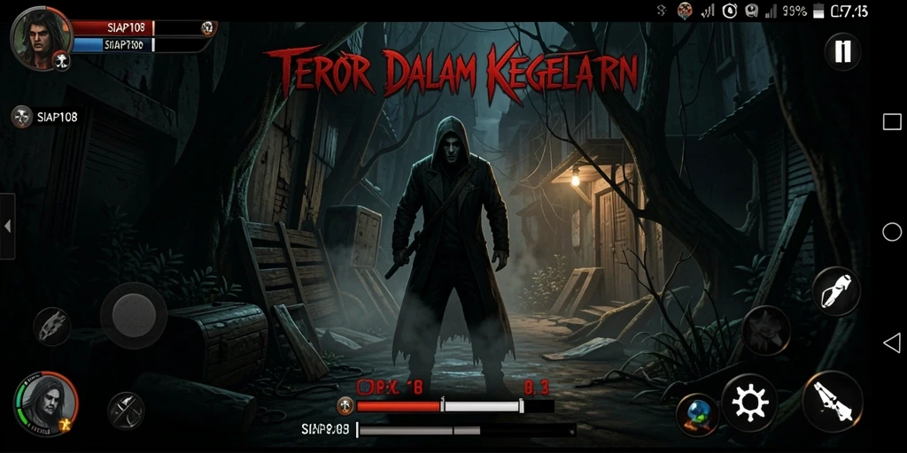 Screenshot gameplay SIAP108 yang menakutkan dengan suasana gelap.