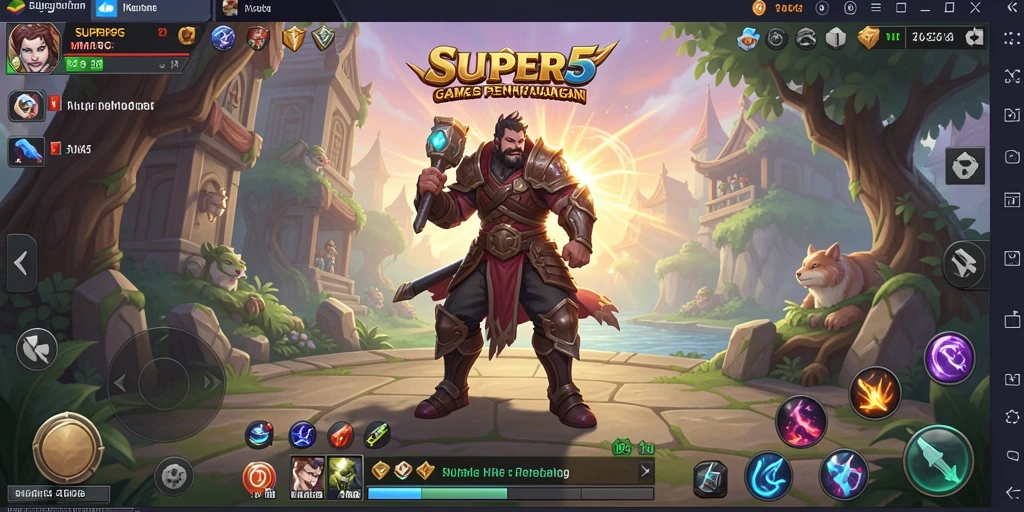 Screenshot gameplay SUPER5 menunjukkan pertempuran epik antar karakter.