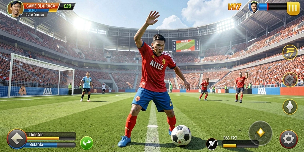 Screenshot dari gameplay V07 yang menunjukkan aksi olahraga yang mendebarkan.
