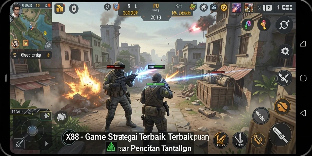 Screenshot gameplay X88 yang menunjukkan pertarungan strategis yang intens.